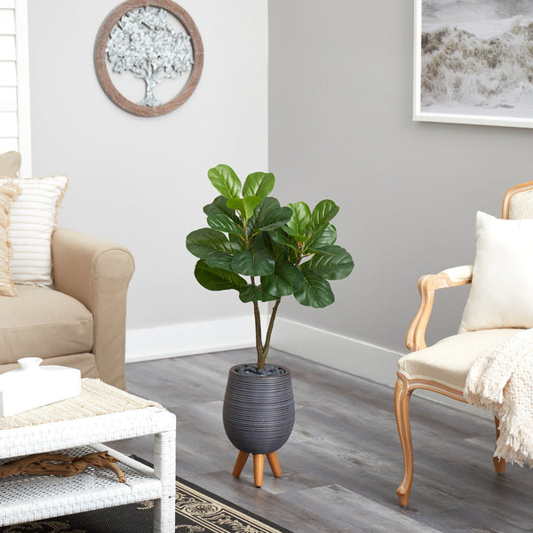 3.5’ Fiddle Leaf Fig Artificial Tree in Gray Planter with Stand