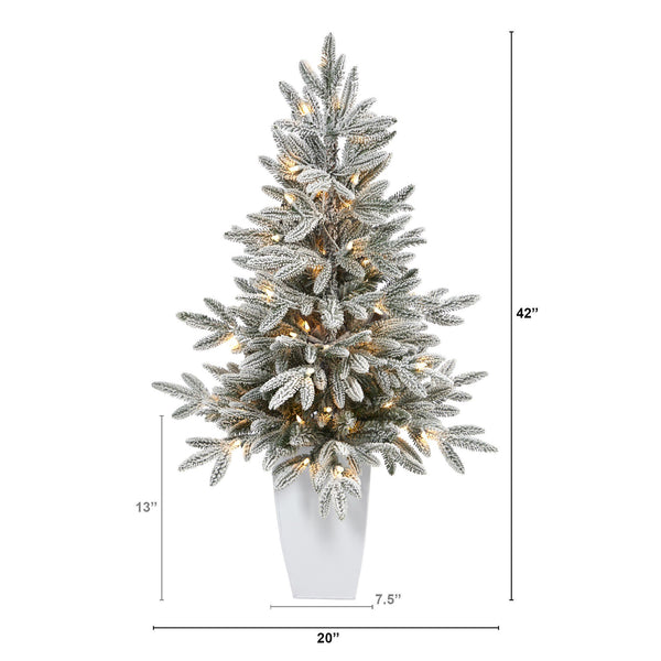 3.5’ Flocked Manchester Spruce Artificial Christmas Tree with 50 Lights and 133 Bendable Branches in Metal Planter