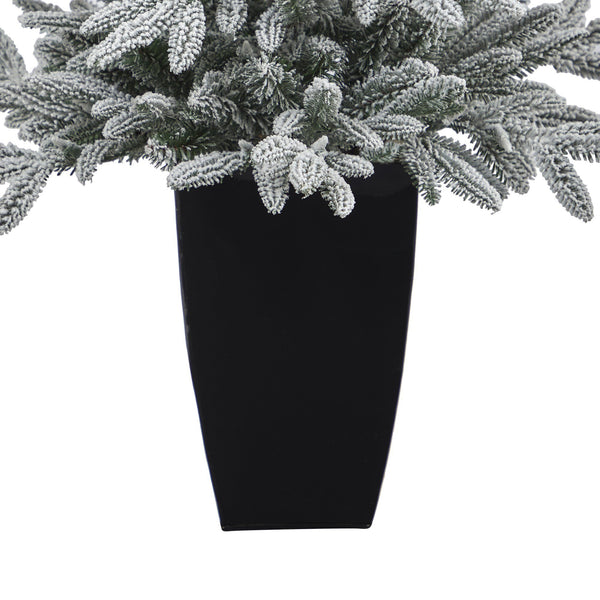 3.5’ Flocked Manchester Spruce Artificial Christmas Tree with 50 Lights and 133 Bendable Branches in Metal Planter