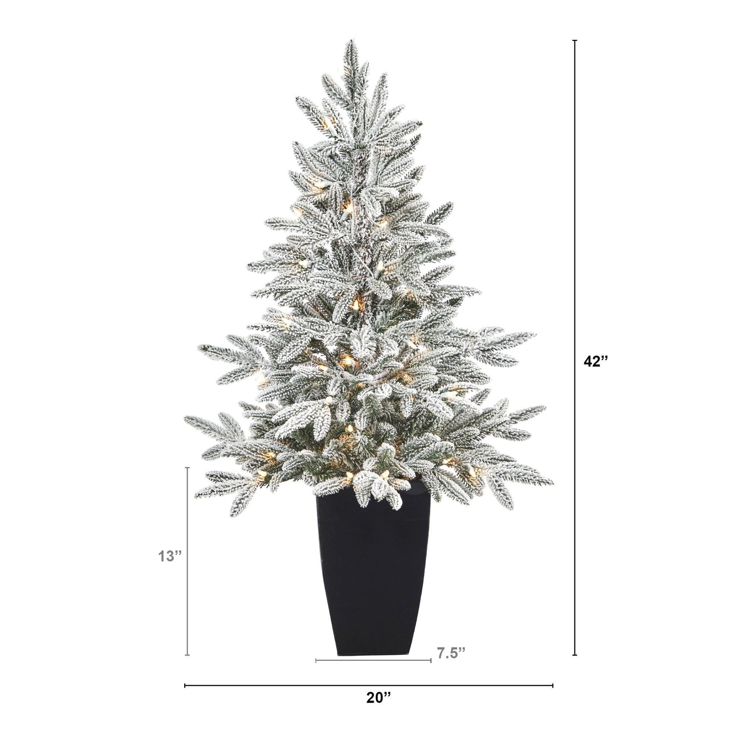 3.5’ Flocked Manchester Spruce Artificial Christmas Tree with 50 Lights and 133 Bendable Branches in Metal Planter