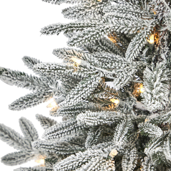 3.5’ Flocked Manchester Spruce Artificial Christmas Tree with 50 Lights and 133 Bendable Branches in Metal Planter