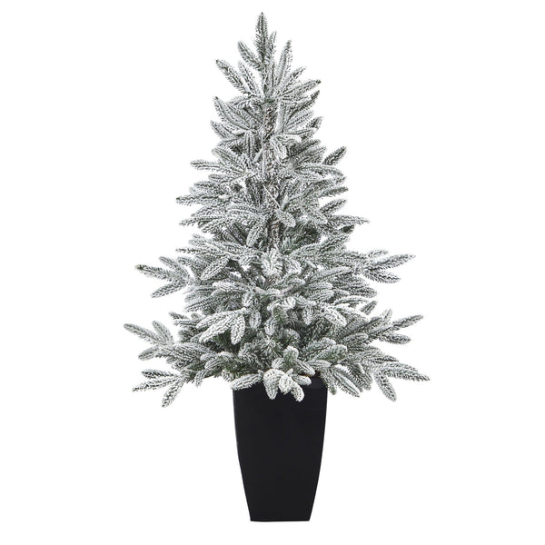 3.5’ Flocked Manchester Spruce Artificial Christmas Tree with 50 Lights and 133 Bendable Branches in Metal Planter