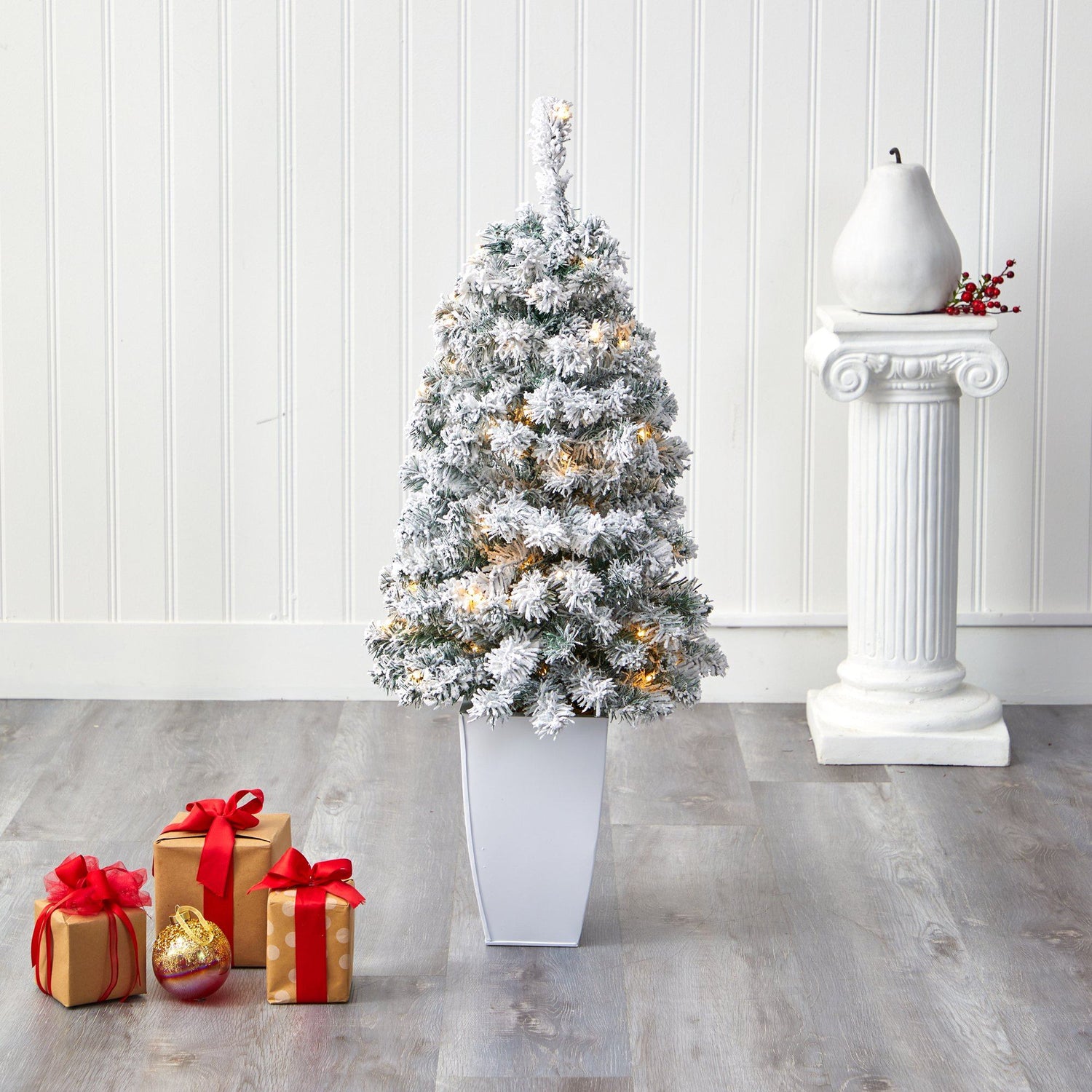 3.5' Flocked Rock Springs Spruce Artificial Christmas Tree with 50 Clear LED Lights in White Metal Planter