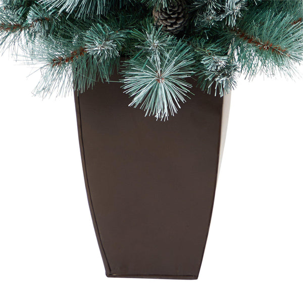 3.5’ Frosted Tip British Columbia Mountain Pine Artificial Christmas Tree with 50 Clear Lights, Pine Cones and 112 Bendable Branches in Metal Planter