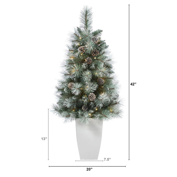 3.5’ Frosted Tip British Columbia Mountain Pine Artificial Christmas Tree with 50 Clear Lights, Pine Cones and 112 Bendable Branches in Metal Planter