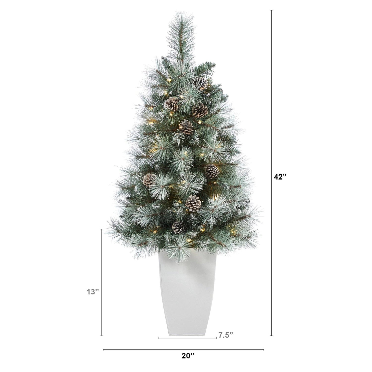 3.5’ Frosted Tip British Columbia Mountain Pine Artificial Christmas Tree with 50 Clear Lights, Pine Cones and 112 Bendable Branches in Metal Planter