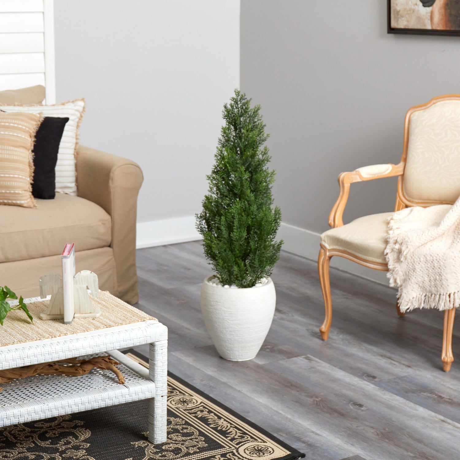 3.5’ Mini Cedar Artificial Pine Tree in White Planter (Indoor/Outdoor)