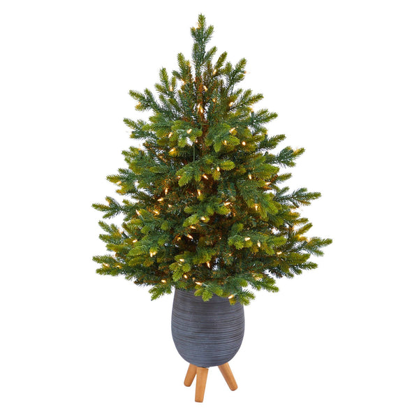 3.5’ North Carolina Fir Artificial Christmas Tree with 150 Clear Lights and 563 Bendable Branches in Gray Planter with Stand