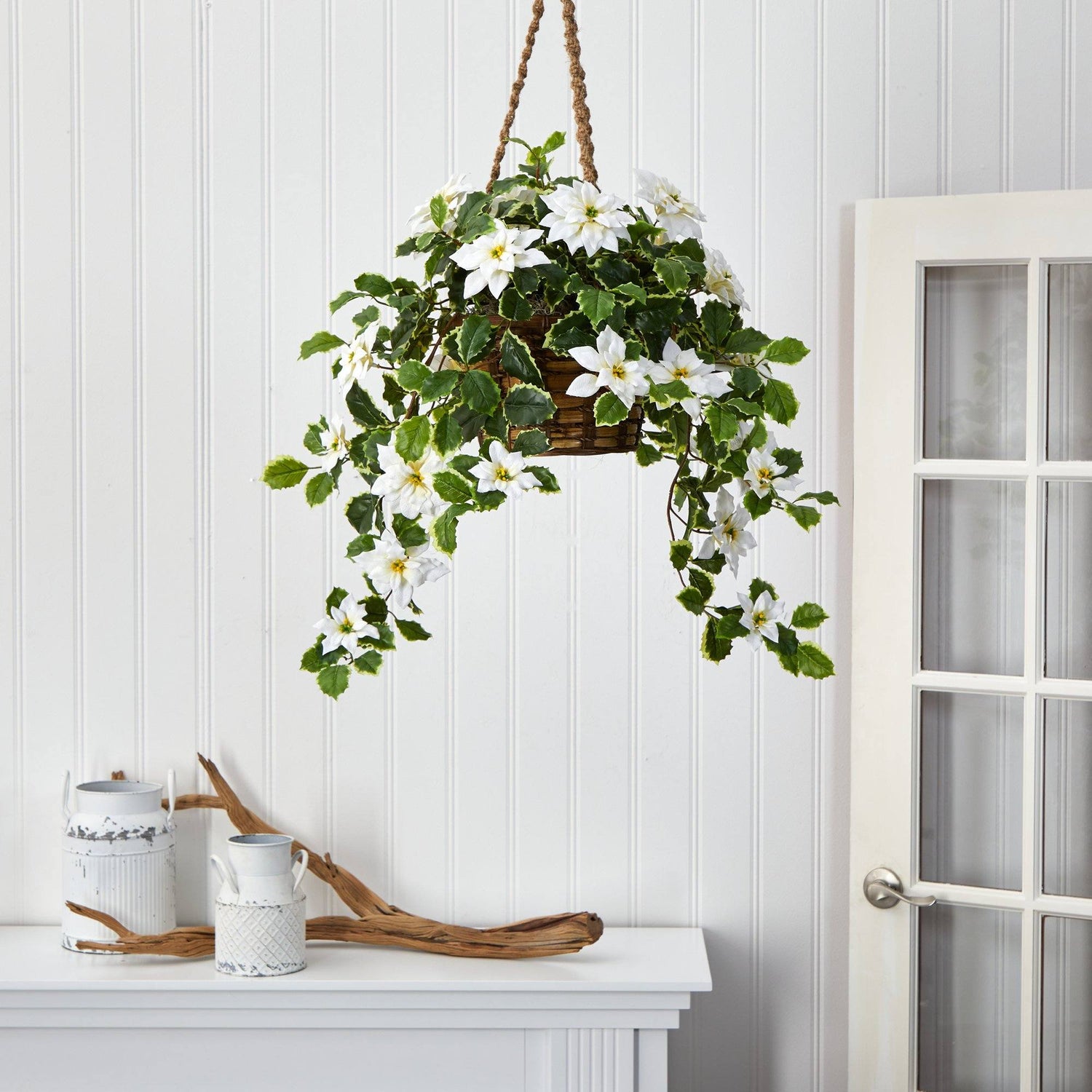 3.5’ Poinsettia and Variegated Holly Artificial Plant in Hanging Basket (Real Touch)