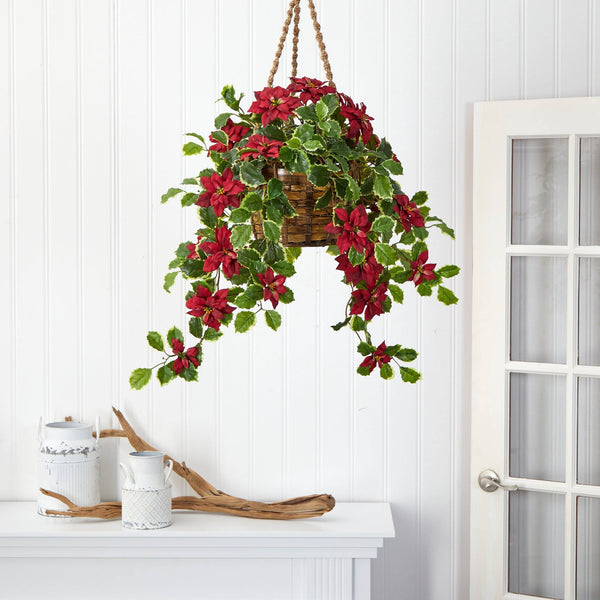 3.5’ Poinsettia and Variegated Holly Artificial Plant in Hanging Basket (Real Touch)