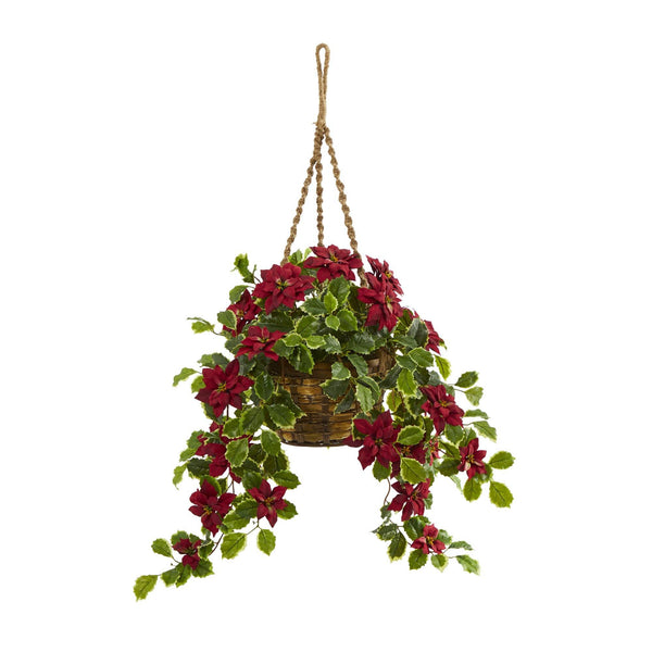 3.5’ Poinsettia and Variegated Holly Artificial Plant in Hanging Basket (Real Touch)