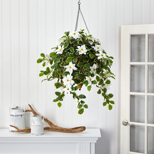 3.5’ Poinsettia and Variegated Holly Artificial Plant in Hanging Cone Basket (Real Touch)