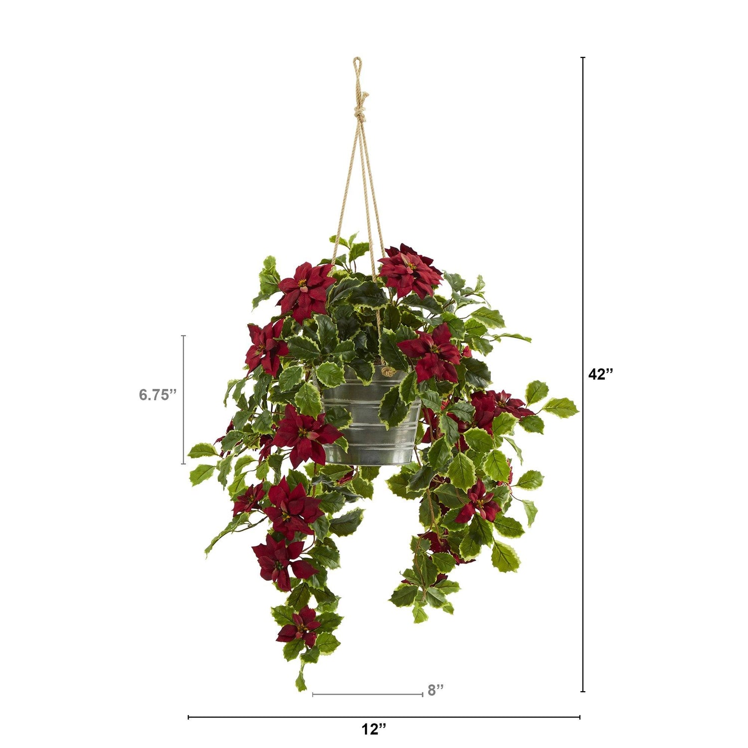 3.5’ Poinsettia and Variegated Holly Artificial Plant in Hanging Metal Bucket (Real Touch)