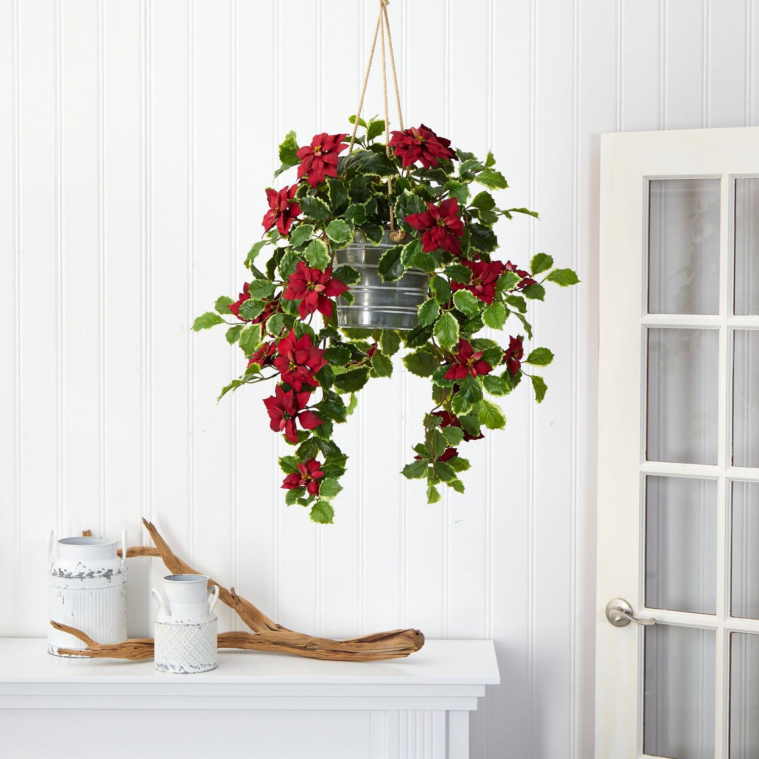 3.5’ Poinsettia and Variegated Holly Artificial Plant in Hanging Metal Bucket (Real Touch)