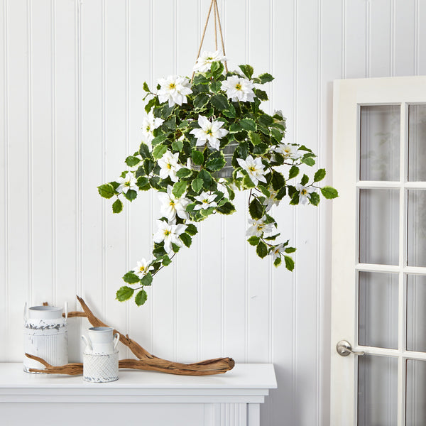 3.5’ Poinsettia and Variegated Holly Artificial Plant in Hanging Metal Bucket (Real Touch)