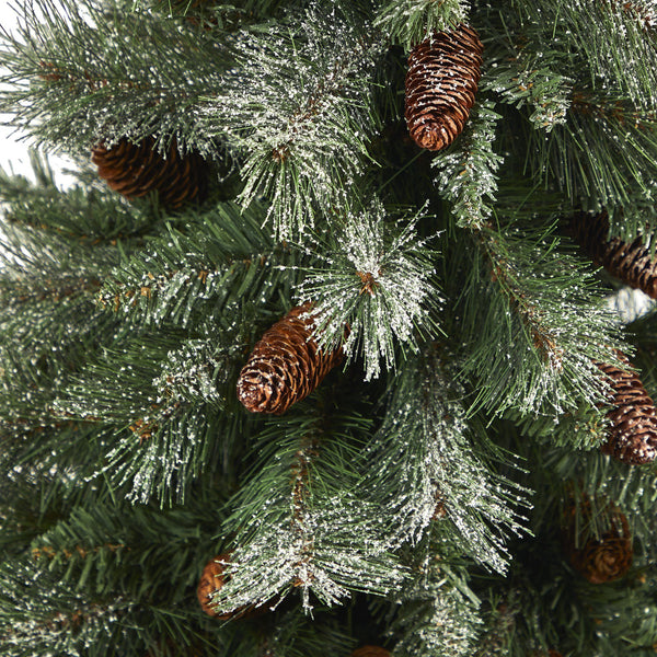 3.5’ Snowed French Alps Mountain Pine Artificial Christmas Tree with 135 Bendable Branches and Pine Cones in White Metal Planter