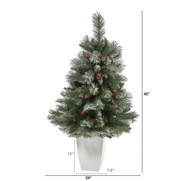 3.5’ Snowed French Alps Mountain Pine Artificial Christmas Tree with 135 Bendable Branches and Pine Cones in White Metal Planter