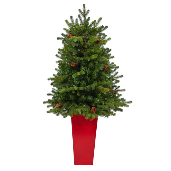 3.5’ Yukon Mountain Fir Artificial Christmas Tree with 50 Clear Lights and Pine Cones in Red Planter