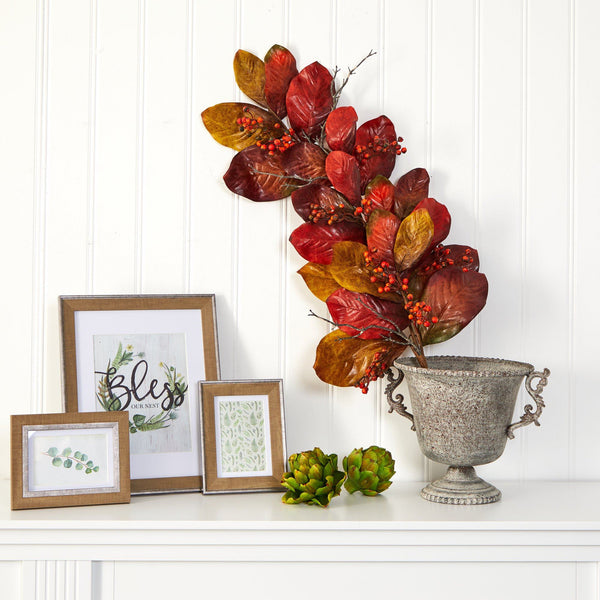 36” Autumn Magnolia Leaf with Berries Artificial Tear Drop