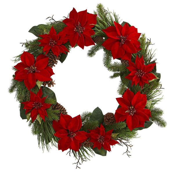 36” Poinsettia and Pine Wreath