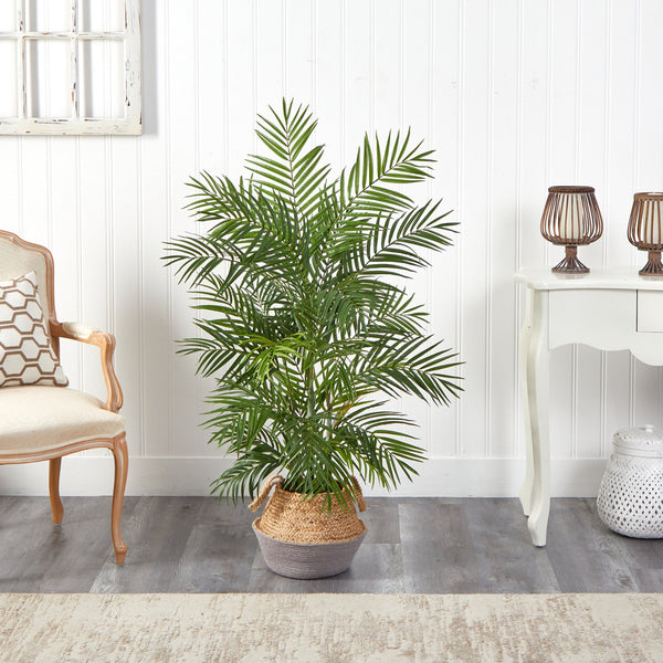 4' Areca Artificial Palm Branches in Boho Chic Handmade Cotton & Jute Gray Woven Planter