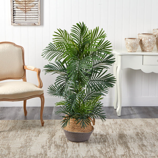 4’ Areca Palm Tree in Boho Chic Handmade Cotton & Jute Gray Woven Planter UV Resistant