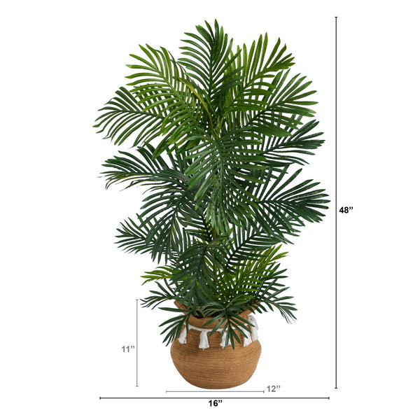 4’ Areca Palm Tree in Boho Chic Handmade Natural Cotton Woven Planter with Tassels UV Resistant