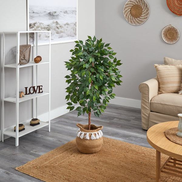 4’ Artificial Ficus Tree with Handmade Jute & Cotton Basket with Tassels