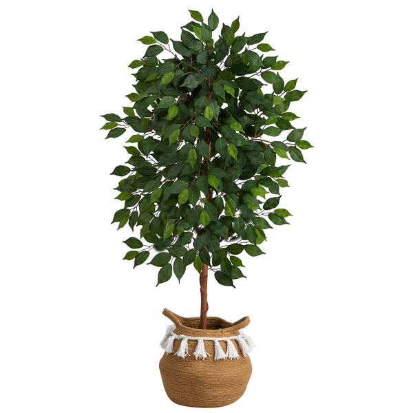 4’ Artificial Ficus Tree with Handmade Jute & Cotton Basket with Tassels