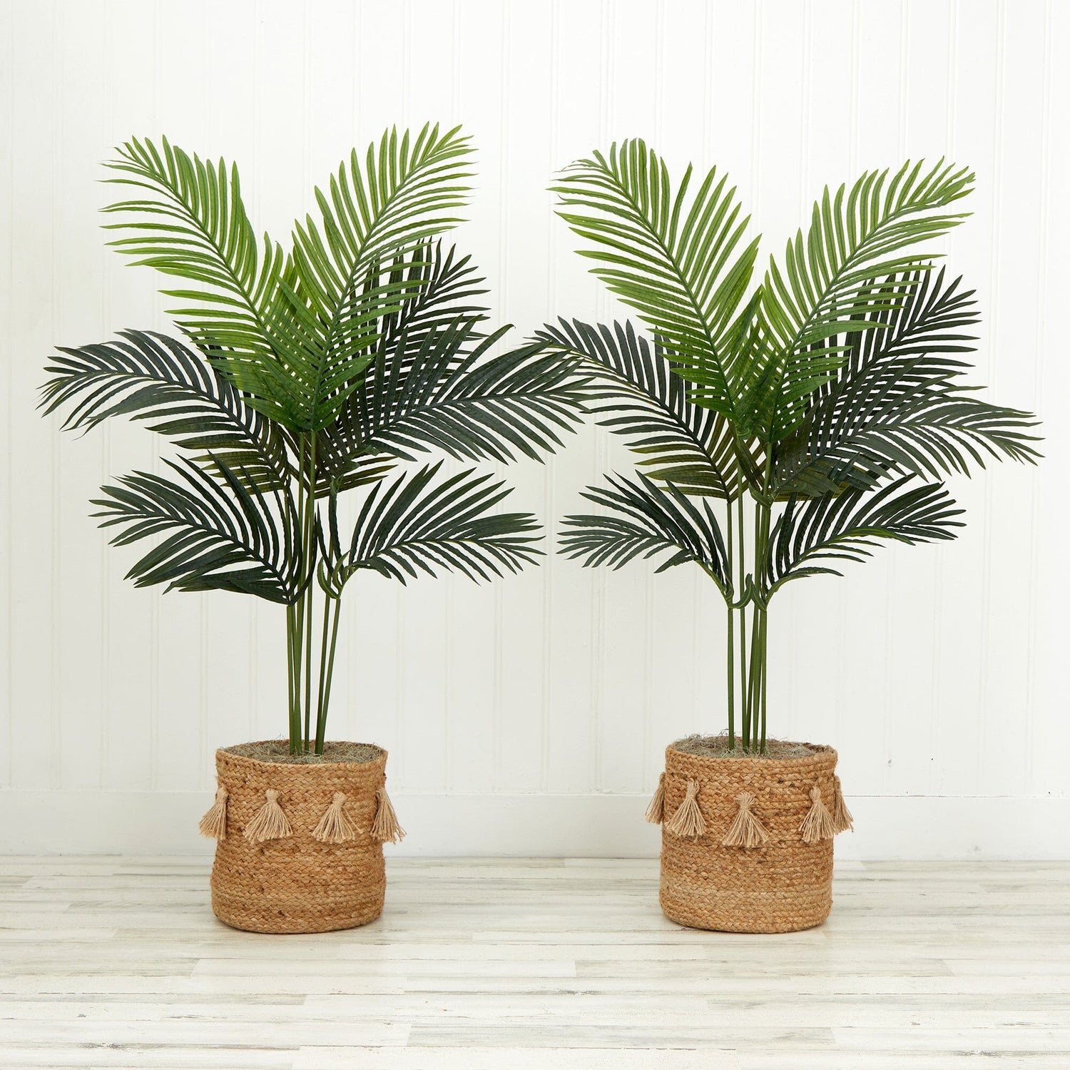 4' Artificial Paradise Palm Tree with Handmade Jute & Cotton Basket with Tassels DIY KIT - Set of 2