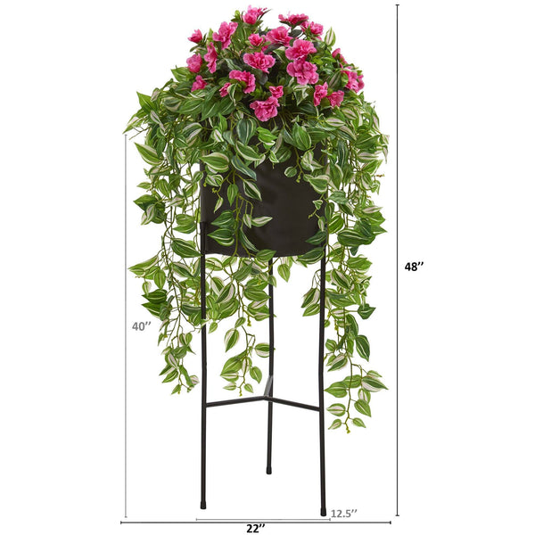 4’ Azalea and Wandering Jew Artificial Plant in Stand Black Planter