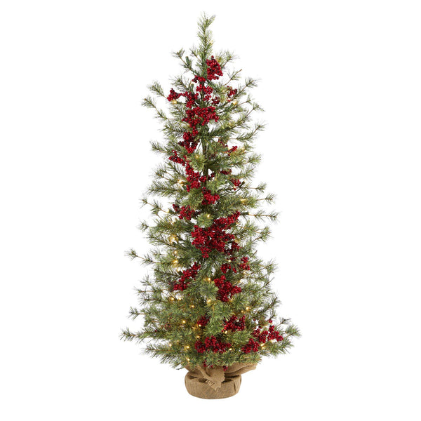 4’ Berry and Pine Artificial Christmas Tree with 100 Warm White Lights and Burlap Wrapped Base