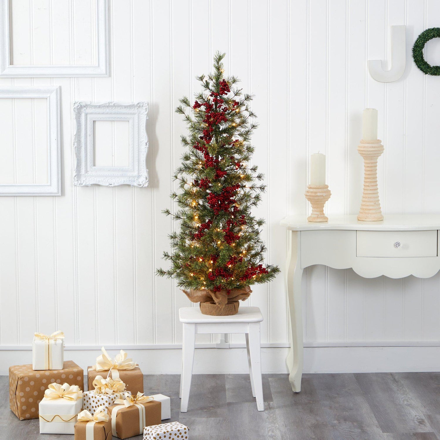 4’ Berry and Pine Artificial Christmas Tree with 100 Warm White Lights and Burlap Wrapped Base