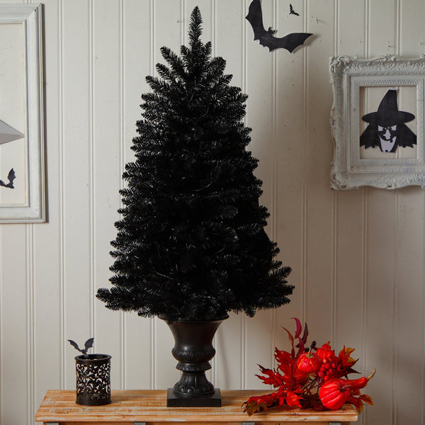 4’ Black Halloween Artificial Christmas Tree in Urn with 100 Orange LED Lights