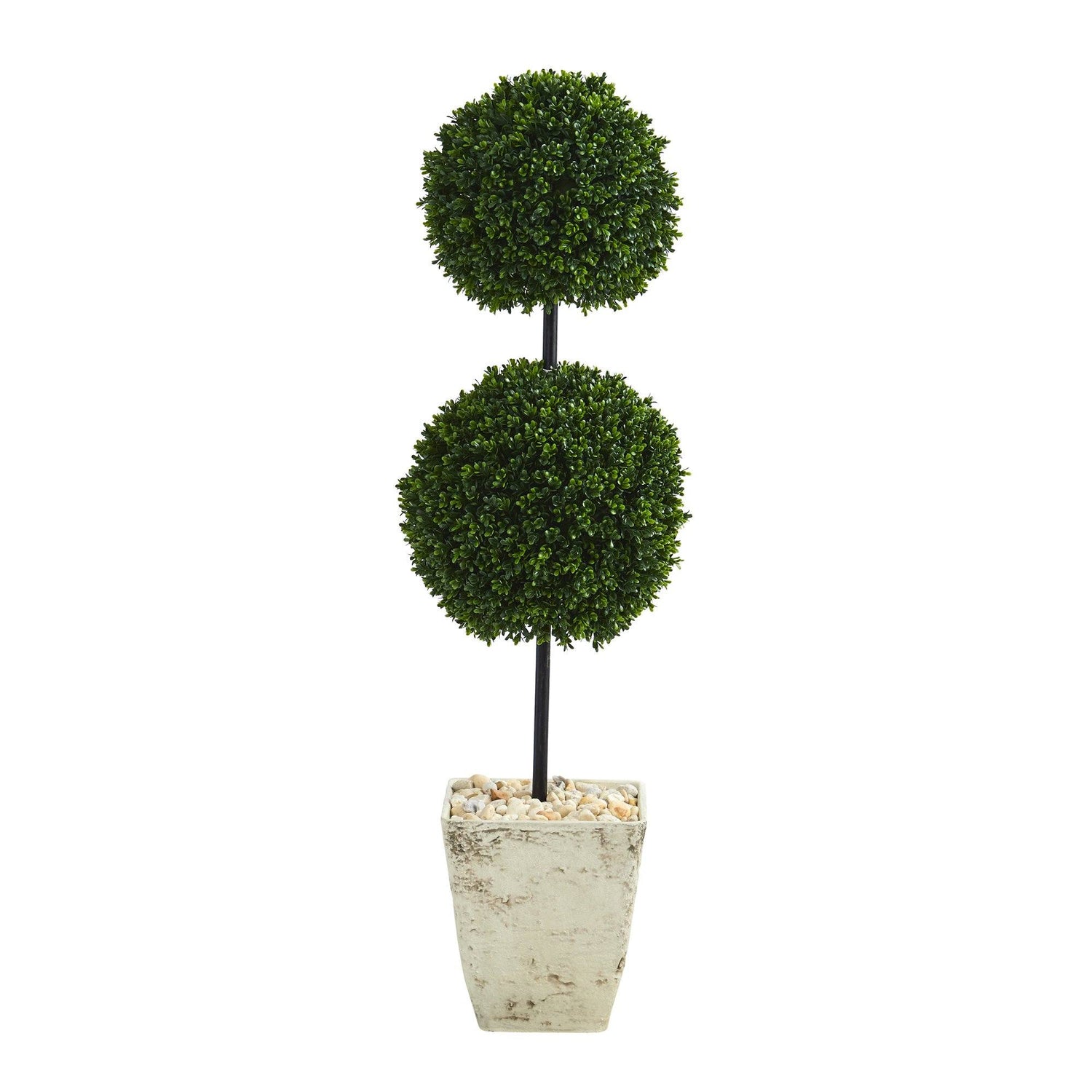 4’ Boxwood Double Ball Artificial Topiary Tree in Country White Planter (Indoor/Outdoor)