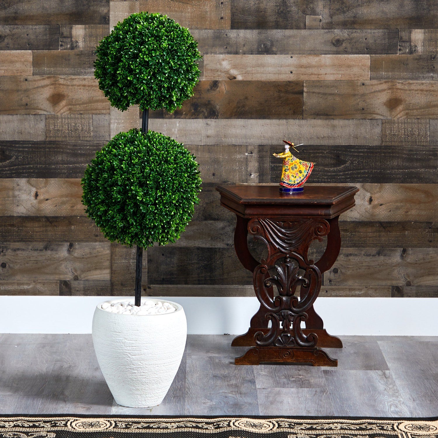 4’ Boxwood Double Ball Artificial Topiary Tree in White Planter  (Indoor/Outdoor)