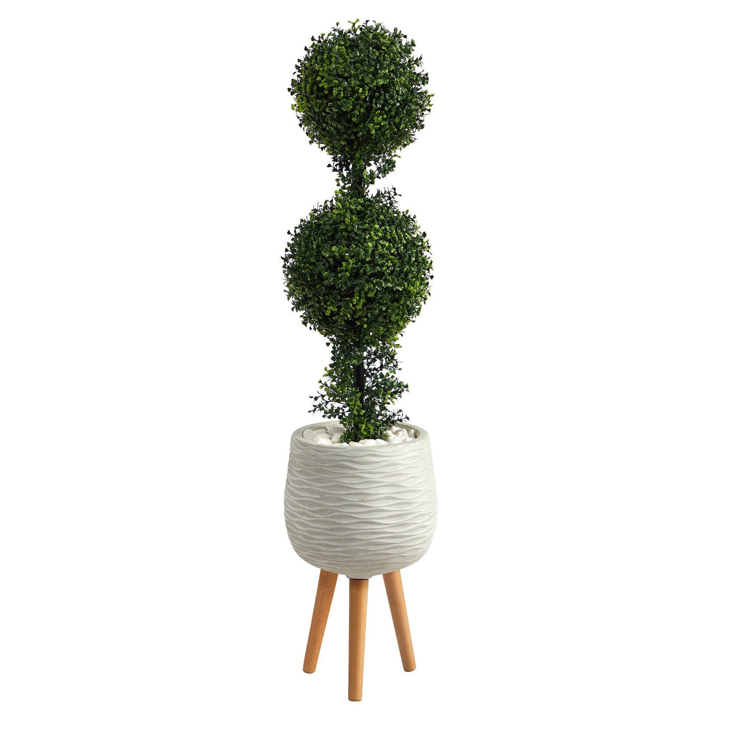 4’ Boxwood Double Ball Topiary Artificial Tree in White Planter with Stand (Indoor/Outdoor)