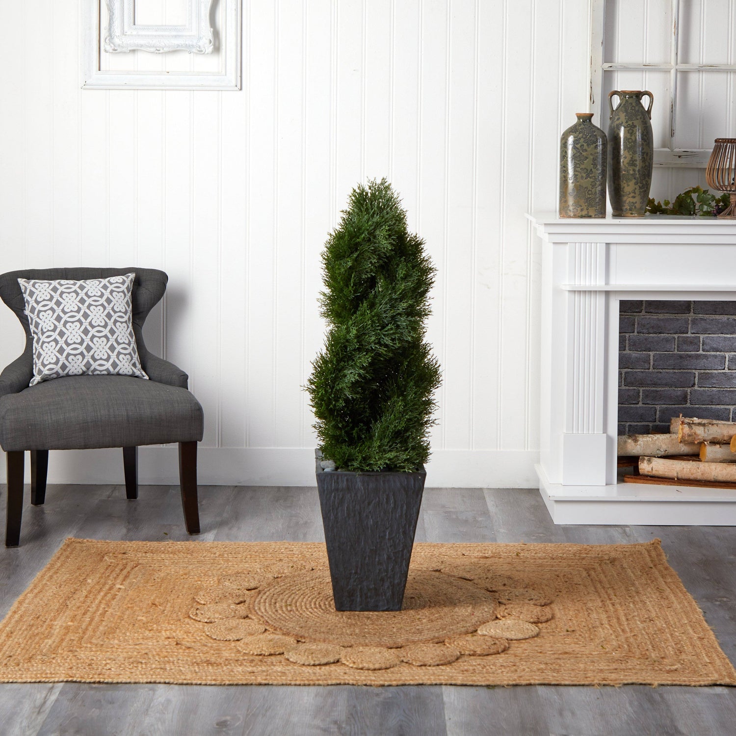 4’ Cypress Double Spiral Topiary Artificial Tree in Slate Planter  (Indoor/Outdoor)