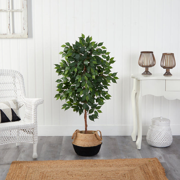 4’ Ficus Artificial Tree in Boho Chic Handmade Cotton & Jute Black Woven Planter