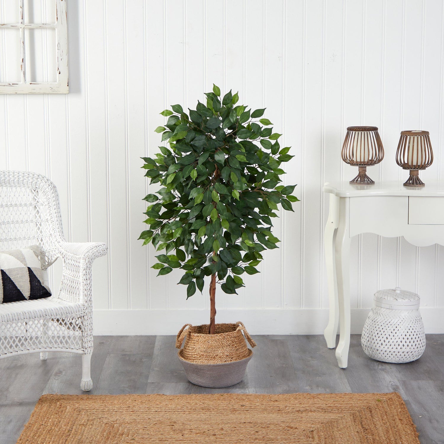 4’ Ficus Artificial Tree in Boho Chic Handmade Cotton & Jute Gray Woven Planter