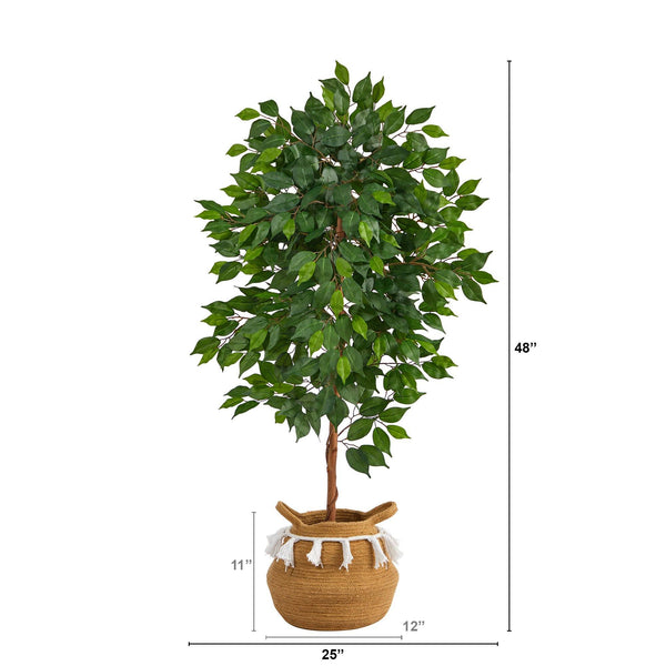 4’ Ficus Artificial Tree in Boho Chic Handmade Natural Cotton Woven Planter with Tassels