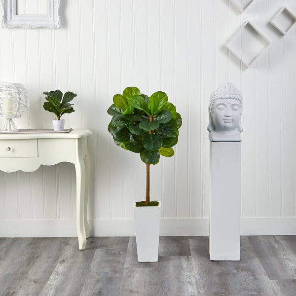 4’ Fiddle Leaf Artificial Tree in White Tower Planter