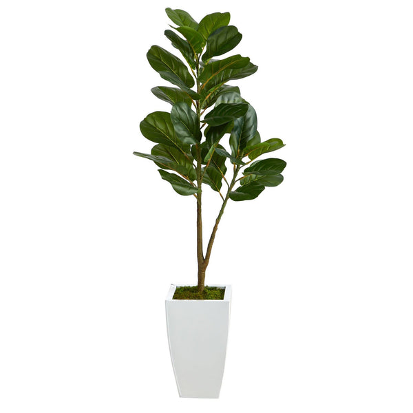 4’ Fiddle Leaf Fig Artificial Tree in White Metal Planter