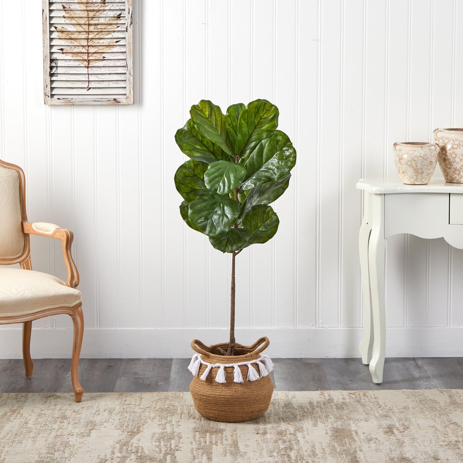 4’ Fiddle Leaf Tree in Boho Chic Handmade Natural Cotton Woven Planter with Tassels UV Resistant