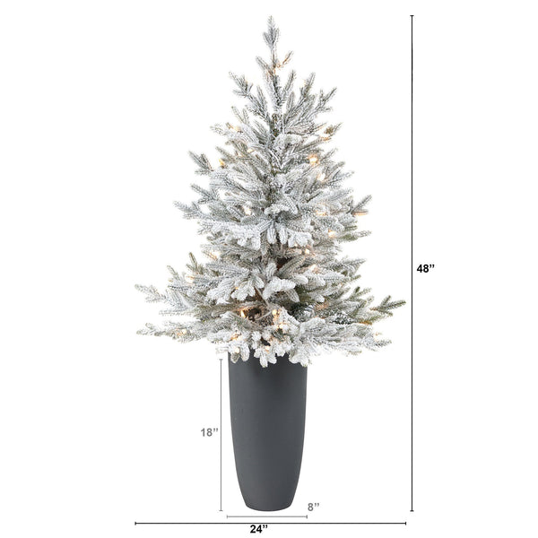 4’ Flocked Fraser Fir Artificial Christmas Tree with 200 Warm White Lights and 481 Bendable Branches in Gray Planter