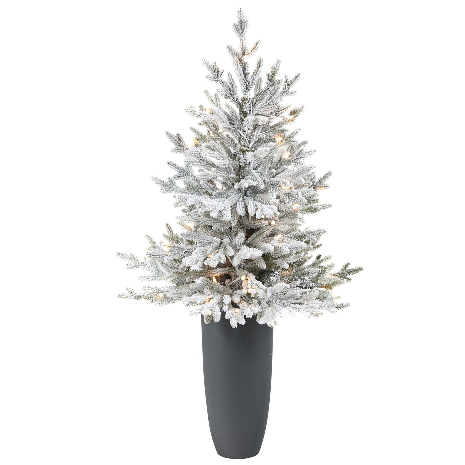 4’ Flocked Fraser Fir Artificial Christmas Tree with 200 Warm White Lights and 481 Bendable Branches in Gray Planter