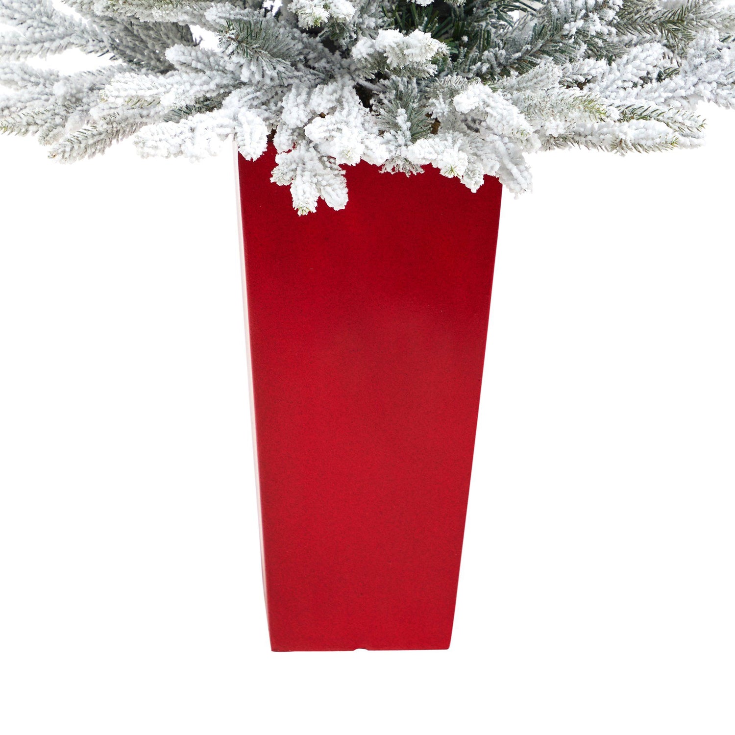 4’ Flocked Fraser Fir Artificial Christmas Tree with 200 Warm White Lights and 481 Bendable Branches in Red Planter