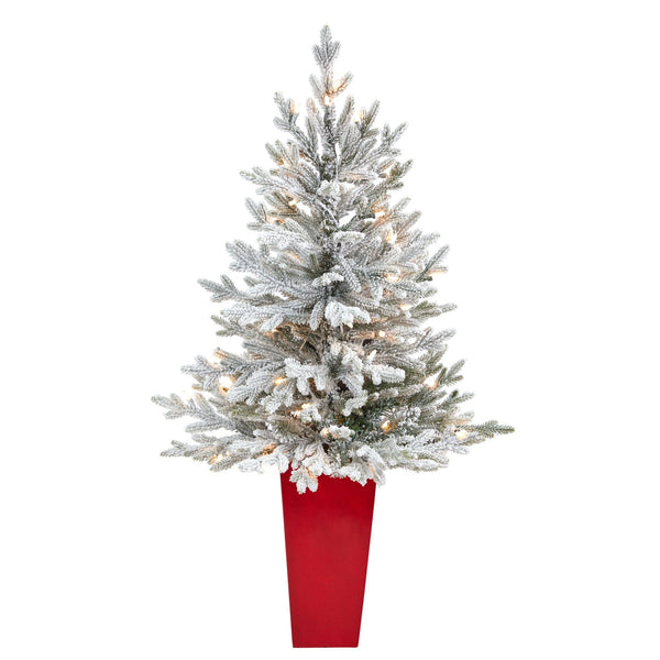 4’ Flocked Fraser Fir Artificial Christmas Tree with 200 Warm White Lights and 481 Bendable Branches in Red Planter