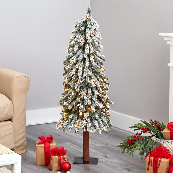 4’ Flocked Grand Alpine Artificial Christmas Tree with 100 Lights and 361 Branches on Natural Trunk