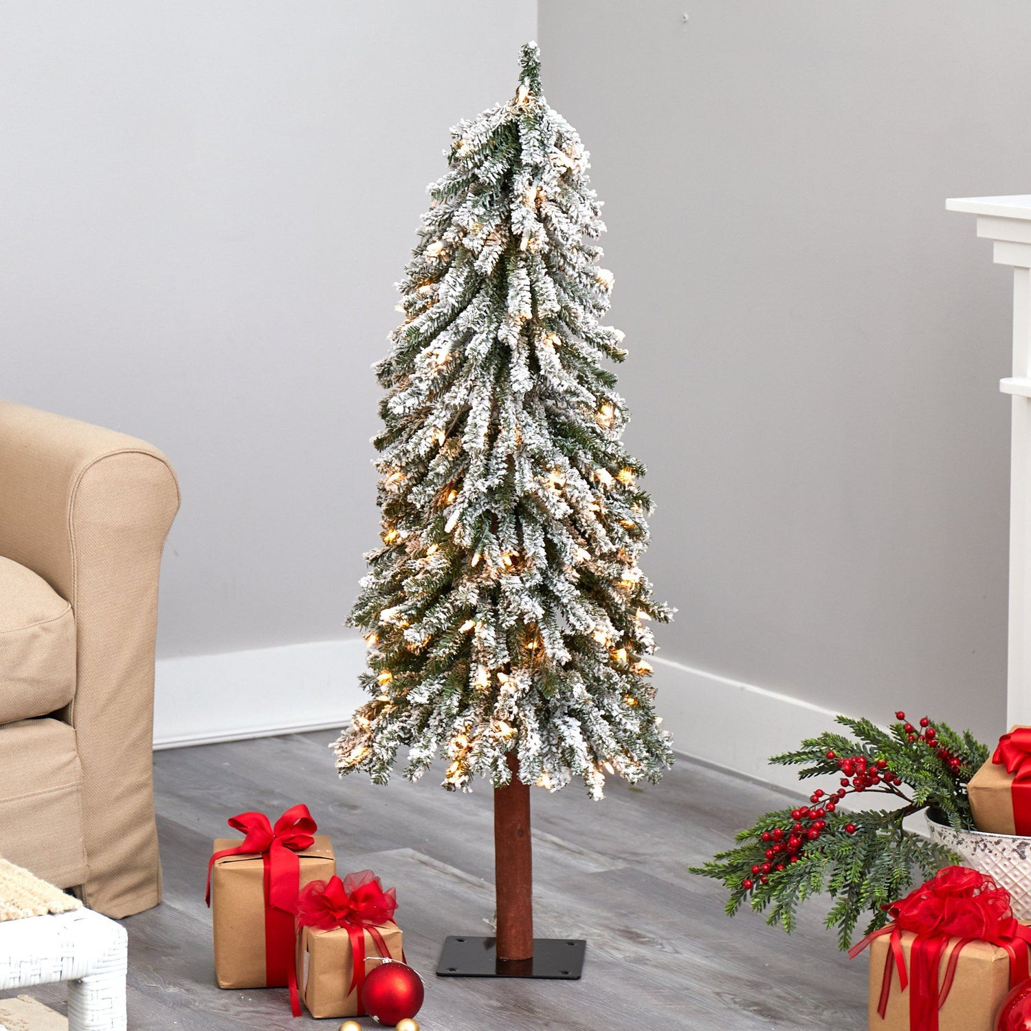 4’ Flocked Grand Alpine Artificial Christmas Tree with 100 Lights and 361 Branches on Natural Trunk